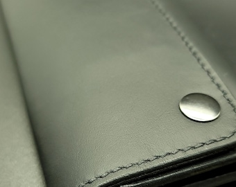 Cartera de cuero negra tipo camionero de tres pliegues, 8,5 pulgadas de largo, cierre a presión