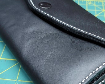 Cartera de cuero a presión hecha a mano: porta chequera de gran capacidad