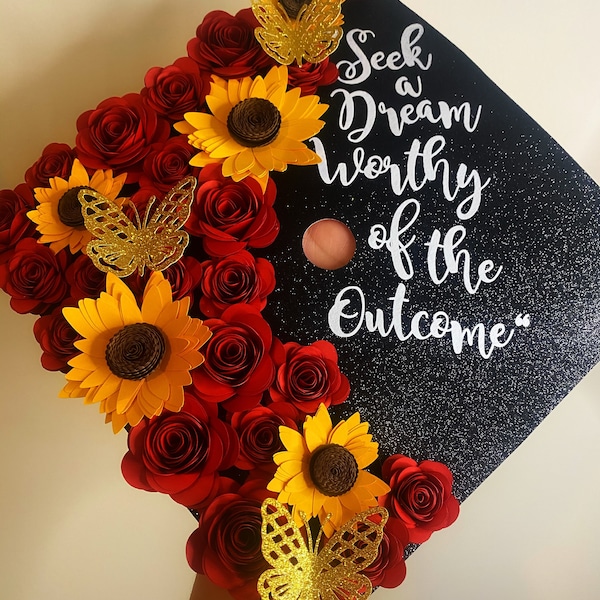 Graduation cap topper with 3D Roses, sunflowers and butterflies | Graduation cap custom | graduation cap design | grad caps