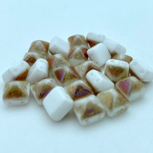 White & Brown With AB 2-Holed Pyramid Czech Glass Beads (8mm) (SCG35)