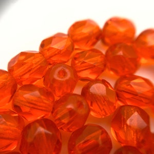 Vintage 1970&#39;s Blaze Faceted Barrel Orange Czech Glass Beads (6mm) (OCG75)