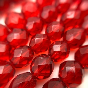 Vintage Faceted Transparent Cherry Red Czech Glass Oval Beads (7x8mm) (RCG13)