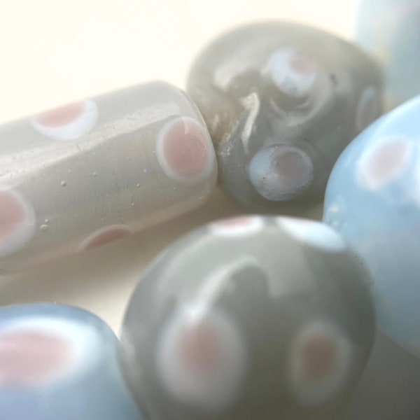 Vintage Pastel Gray & Blue Spotted Pink Mixed Variety India Glass Beads (Mixed Sizes) (GRIG1)