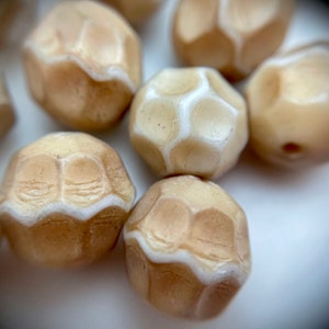 Vintage 1970s Opaque Creamy Beige Brown Czech Glass Crater Like Round Beads (12mm) (BRCG66)