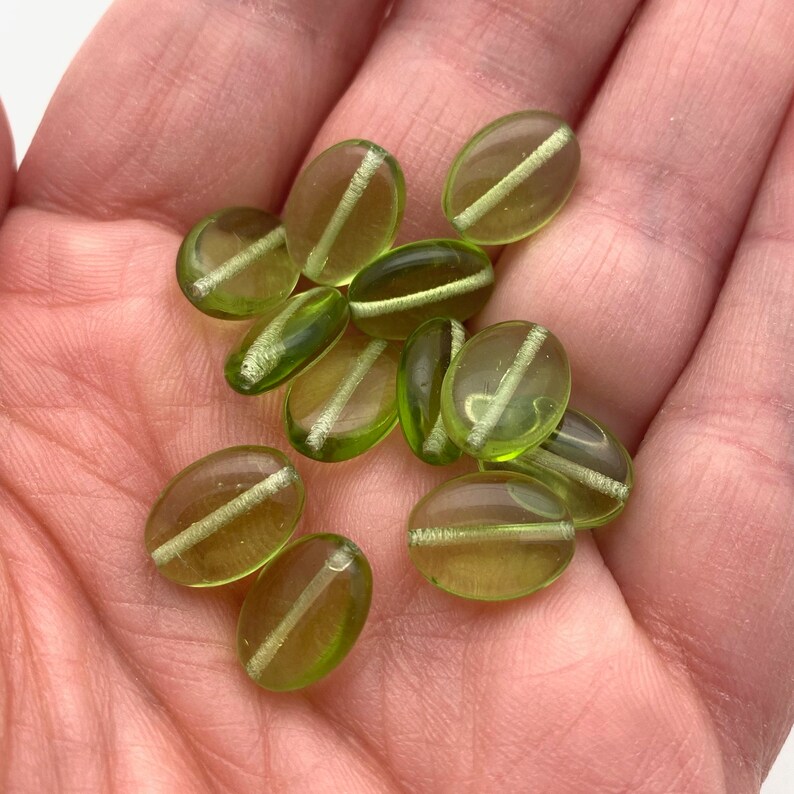 9x12mm Vintage Lime Green Flat Oval Czech Glass Beads GCG107