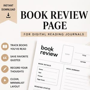 Printable Book Review Template, Reading Journal Page, Book Tracker PDF