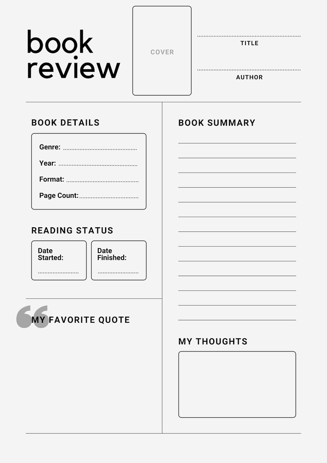 Book Review \u0026 Reading Journal Printable | Instant Download (PDF) - Etsy, image size:1080x1528