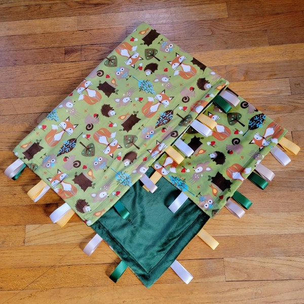 Forest Animals Minky Tag Blanket 30" x 30" or 21" x 21" - Minky Fleece Baby Blanket - Fox Baby Blanket - Owl Baby Blanket