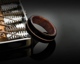 Guitar String Ring, Handmade Bentwood Ring Mahogany, Smoked Eucalyptus With Single Guitar String Inlay. The Guitarist Deluxe Wooden Ring