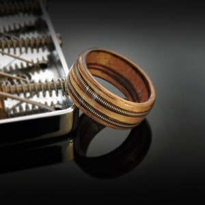 Handmade Guitar String Wood Ring, Bentwood Ring Zebrano With Twin Guitar String Inlay. The Guitarist Wooden Ring