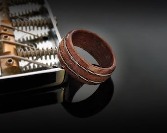 Handmade Guitar String Ring, Bentwood Ring Mahogany With Twin Guitar String Inlay. The Guitarist Wooden Ring