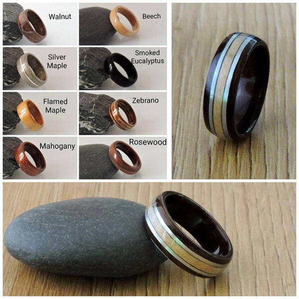 Bespoke Order Handmade Wooden Ring. Design Your Own Custom Dual Wood Bentwood Ring With Silver Inlay. Natural Wood Band