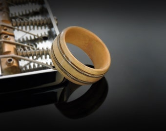 Handmade Guitar String Ring, Bentwood Ring Maple With Twin Guitar String Inlay. The Guitarist Wooden Ring