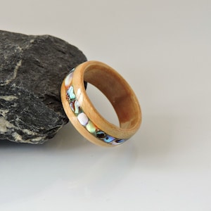 Handmade Wood Ring With Abalone Shell Flamed Maple Wooden Ring Natural Wood Band