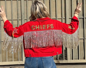 Kansas City Chiefs Custom Rhinestone Jacket |  KC Cheifs Custom Jacket, KC Rhinestones Fringe Jacket, NFL Jacket, Womens Football Jacket
