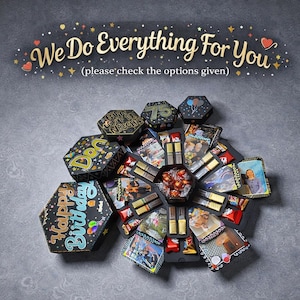 May include: An exploded hexagon gift box with a black exterior, filled with chocolates, photos, and small gifts. The box is decorated with text that reads "Happy Birthday" and "We Do Everything For You". The background is a textured gray surface.