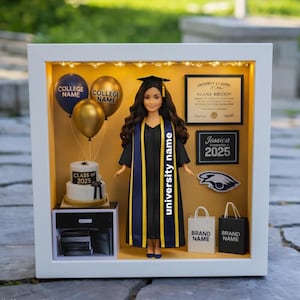 May include: A graduation-themed shadow box display. A doll in a graduation gown is the focal point, set against a backdrop with balloons, a cake, and a diploma. The text "COLLEGE NAME", "CLASS OF 2025", "university name", and "BRAND NAME" are visible.