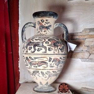 Reproduction of Etruscan Corinthian black-figure column krater vase. Maximum height 31 cm. image 1