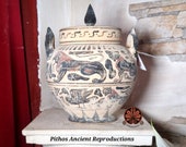 Riproduzione vaso Pisside globulare etrusco corinzia a figure nere. Altezza 23cm