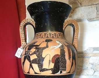 Attic black-figure amphora vase reproduction, made with the same ancient techniques. Height 45 cm.