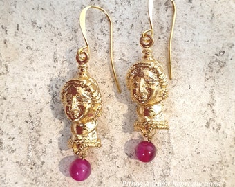 Antique style earrings, depicting the face of a woman with pink agate stone. Craftsmanship, Nickel free.