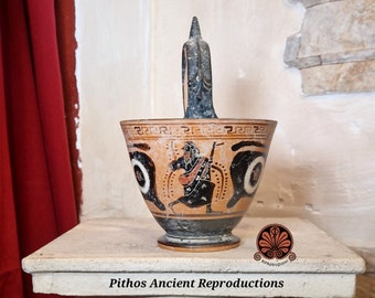 Reproduction of black-figure Kyathos vase. Total height 18 cm