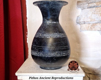 Reproduction of Olpe vase in graffitied bucchero. Height 23 cm.