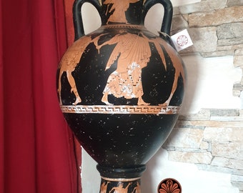 Attic amphora reproduction vase with red figure lid. Total height 53cm.