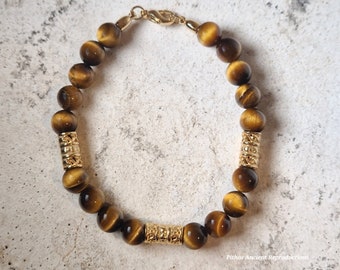 Antique style bracelet with original tiger eye stones, 24k gold-plated brass inserts, No Nickel. Craftsmanship.