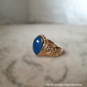 Antique style ring set with blue chalcedony stone. Craftsmanship with 24k gold bath, adjustable size. No Nickel. image 2