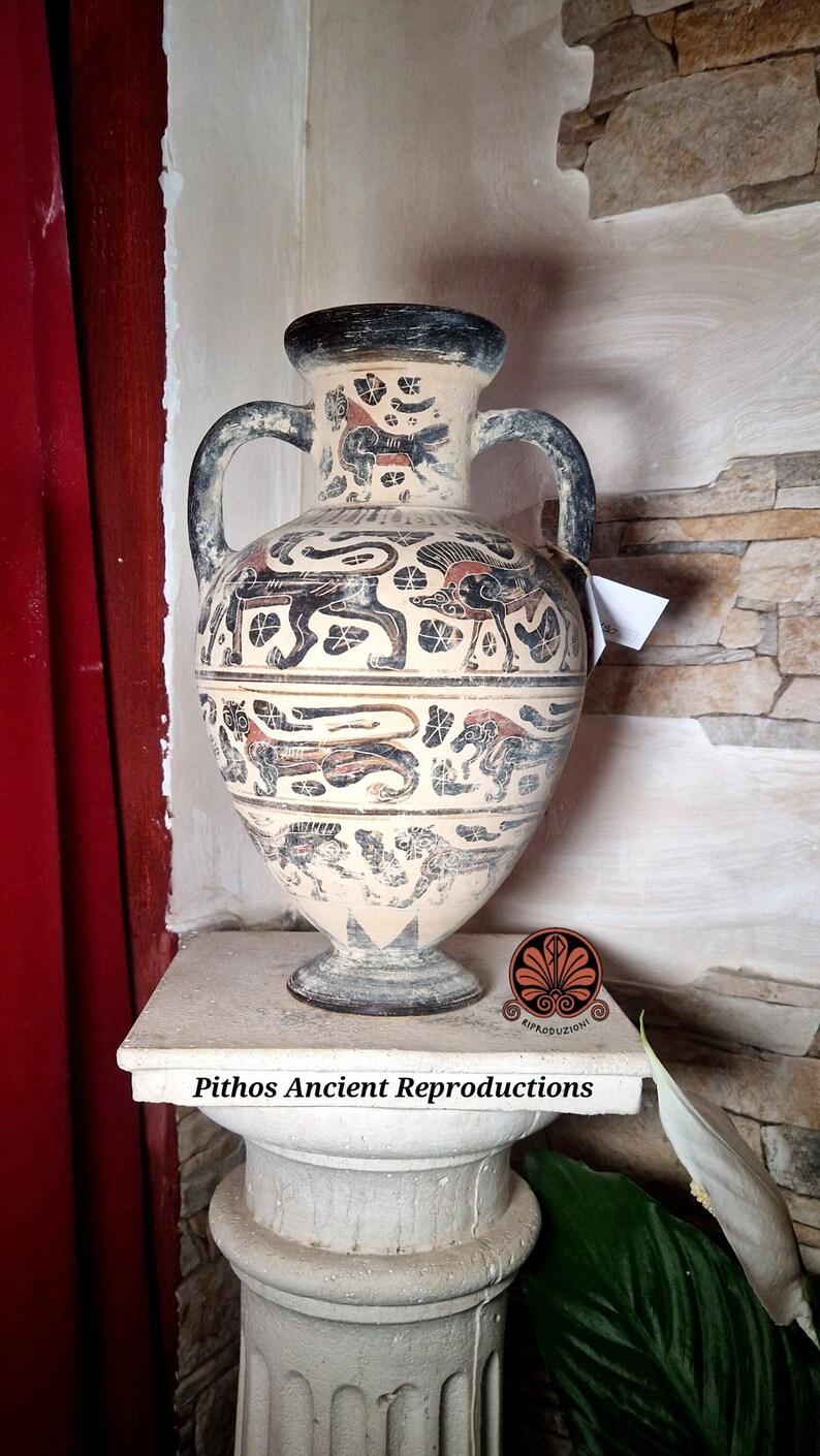 Reproduction of Etruscan Corinthian black-figure column krater vase. Maximum height 31 cm. image 1