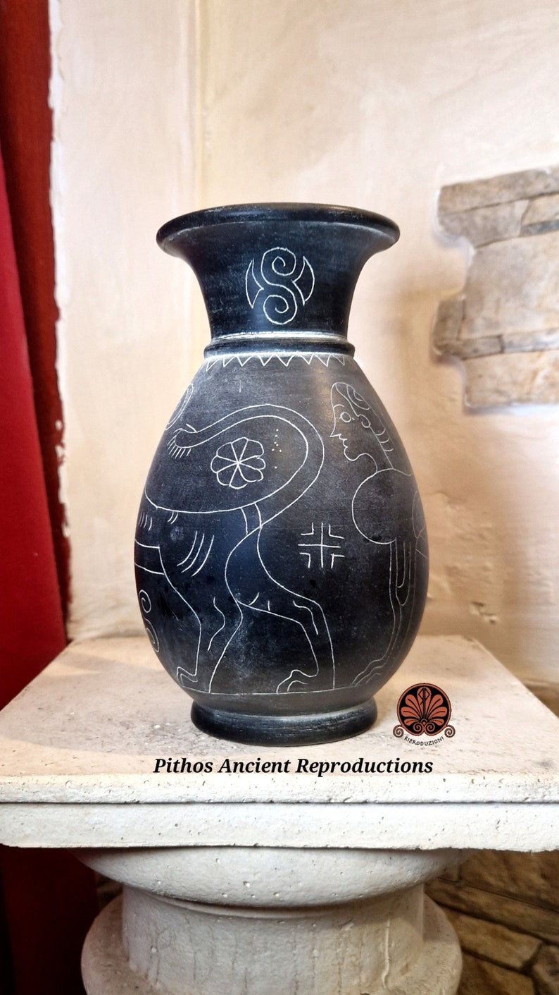 Reproduction of Olpe Etrusca vase in graffitied bucchero. Height 18.5 cm image 2