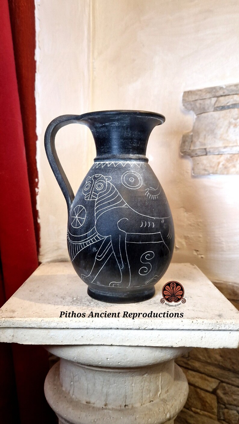 Reproduction of Olpe Etrusca vase in graffitied bucchero. Height 18.5 cm image 1