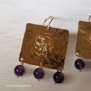 Antique style earrings, depicting Rome helmeted with three Amethyst stone pendants. Nickel free. image 2