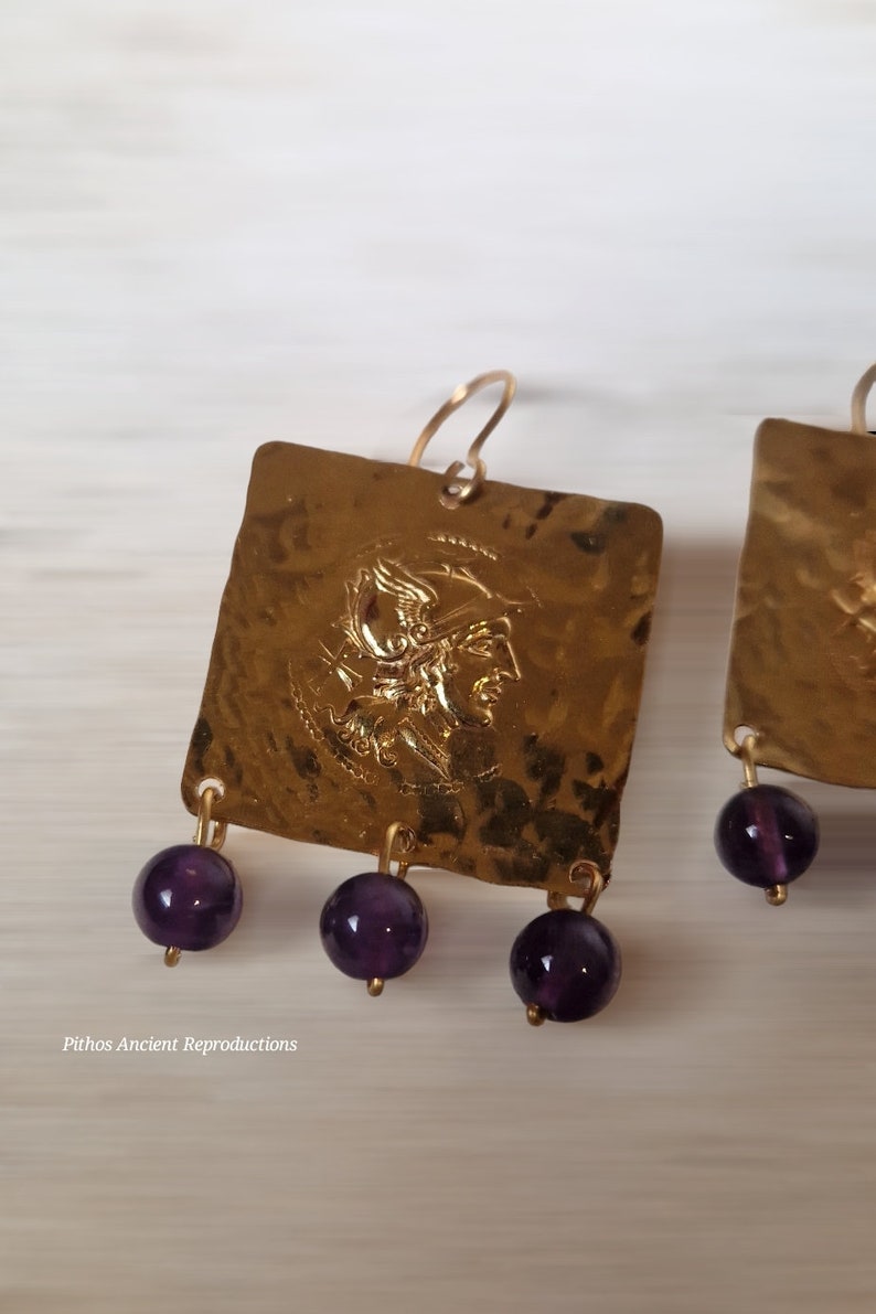 Antique style earrings, depicting Rome helmeted with three Amethyst stone pendants. Nickel free. image 2