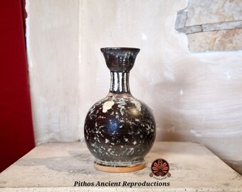 Miniaturistic ceramic reproduction Gnathia, Lekythos vase with black paint.