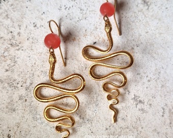 Snake earrings, handcrafted scales with carnelian stone. Nickel free.