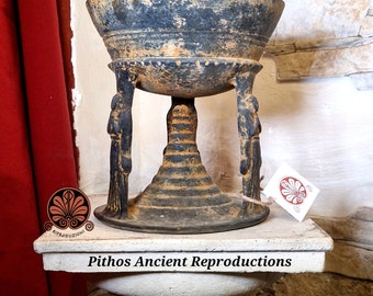 Reproduction of Chalice with Caryatids vase, Etruscan in bucchero. Total height 18.5 cm.