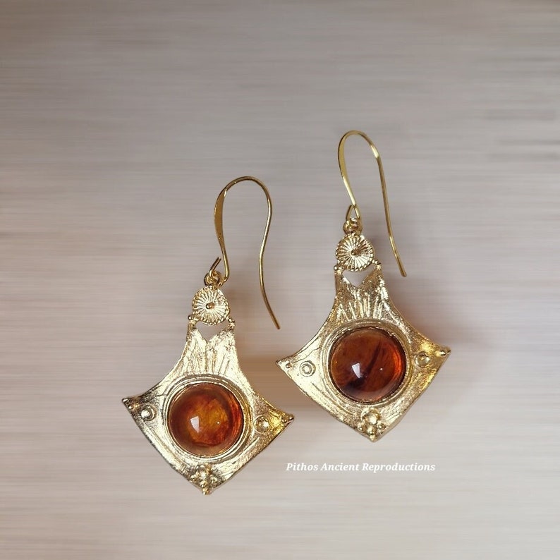 Antique style earrings, handcrafted with amber set. Nickel free. image 1