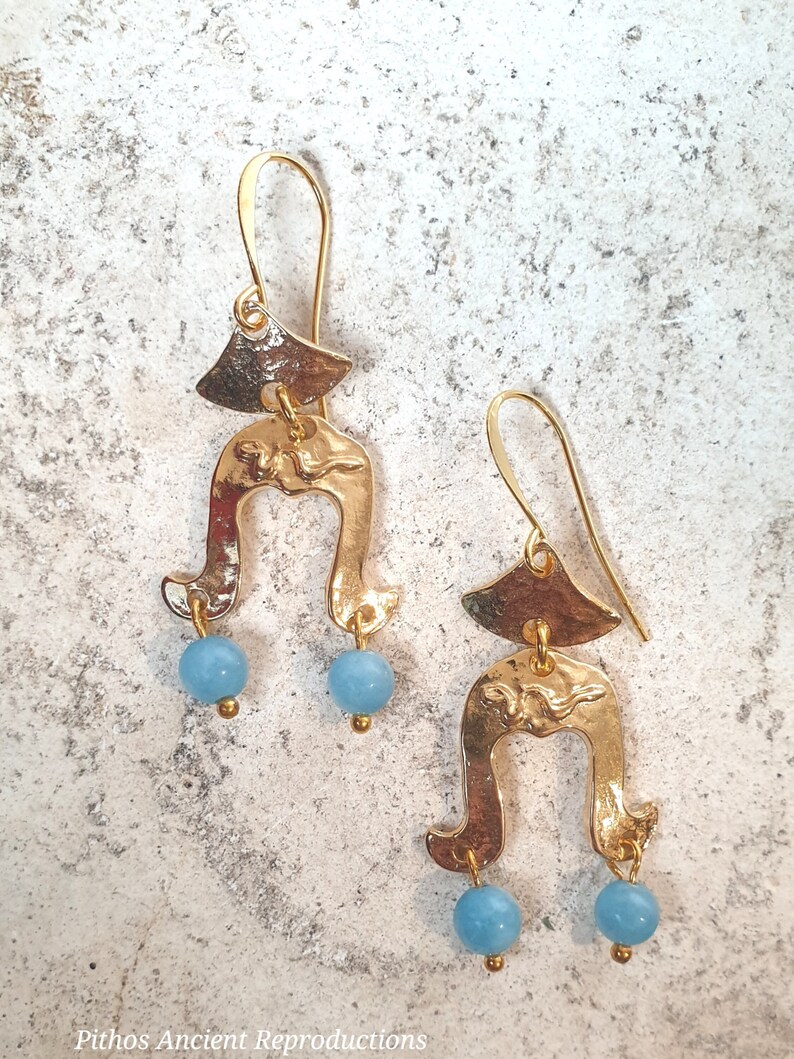 Antique style earrings with two dangling light blue jade stones, depicting a snake. Nickel free. image 1