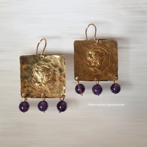 Antique style earrings, depicting Rome helmeted with three Amethyst stone pendants. Nickel free. image 1