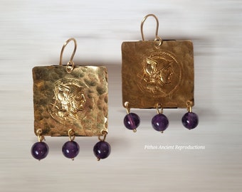 Antique style earrings, depicting Rome helmeted with three Amethyst stone pendants. Nickel free.