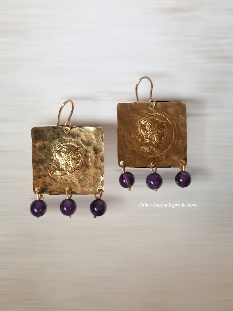 Antique style earrings, depicting Rome helmeted with three Amethyst stone pendants. Nickel free. image 1