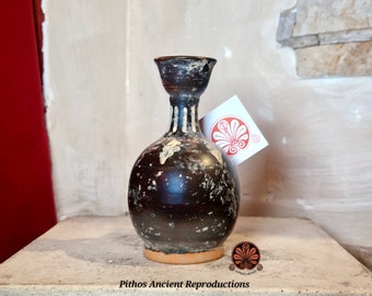 Miniaturistic ceramic reproduction Gnathia, Lekythos vase with black paint.