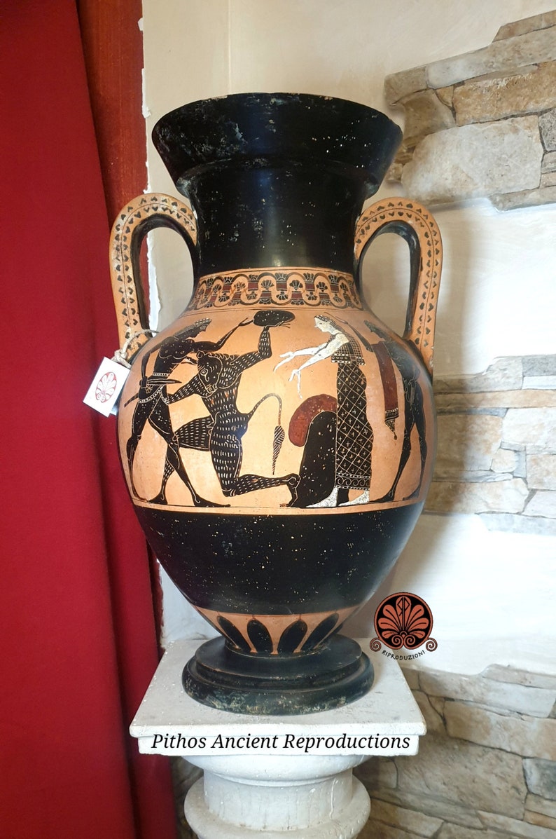 Attic black-figure amphora vase reproduction, made with the same ancient techniques. Height 45 cm. image 1