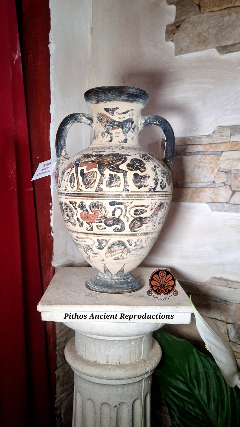 Reproduction of Etruscan Corinthian black-figure column krater vase. Maximum height 31 cm. image 5