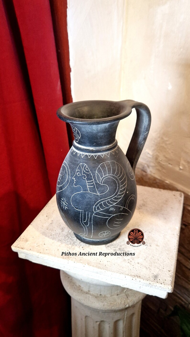 Reproduction of Olpe Etrusca vase in graffitied bucchero. Height 18.5 cm image 4