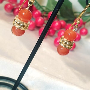 Antique style earrings with 24k gold plated center and pair of carnelian stones. image 2