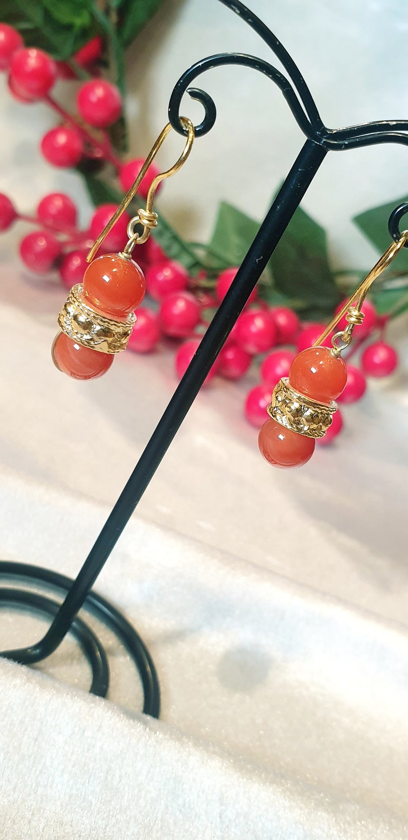 Antique style earrings with 24k gold plated center and pair of carnelian stones. image 2