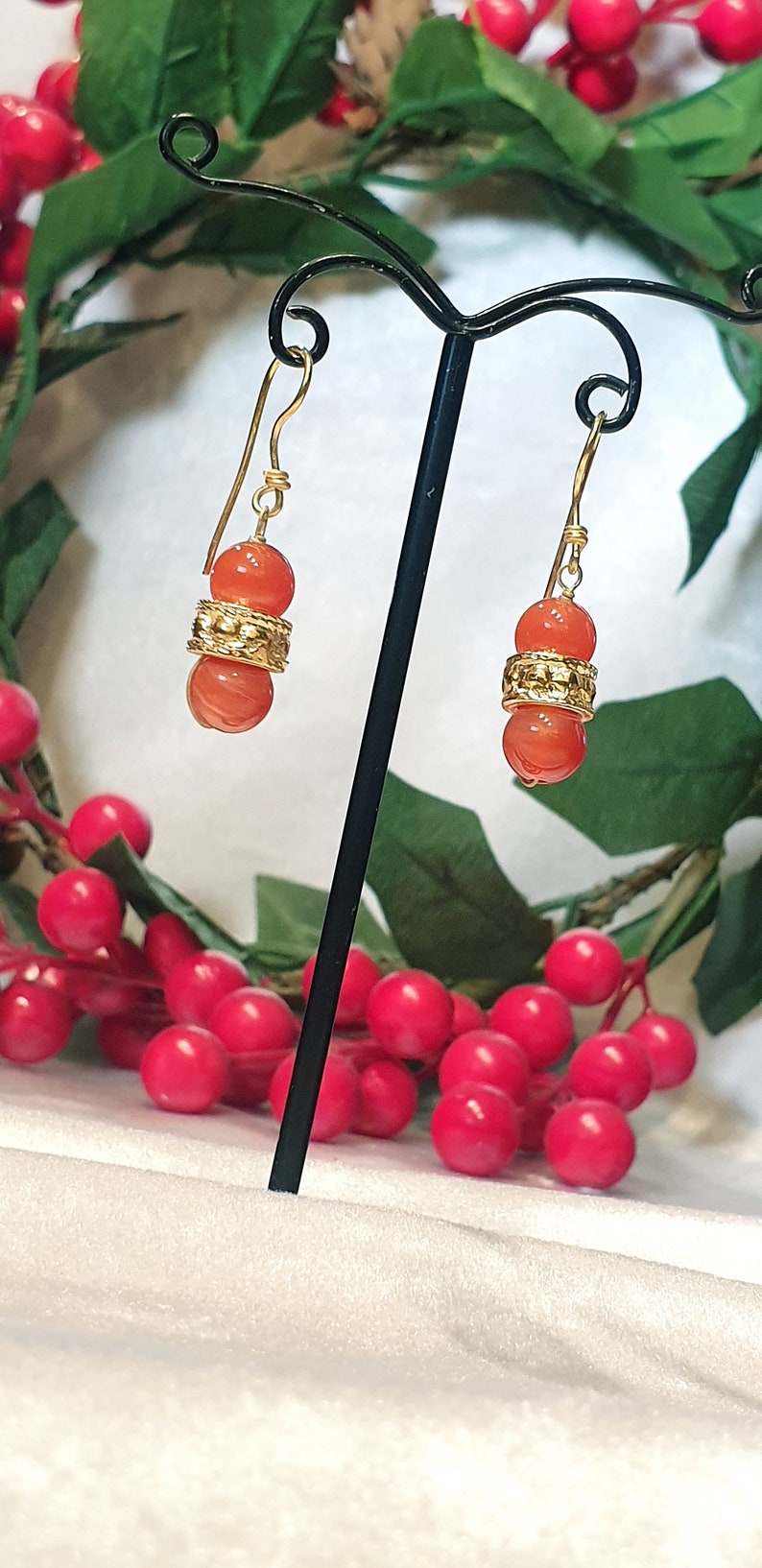 Antique style earrings with 24k gold plated center and pair of carnelian stones. image 4